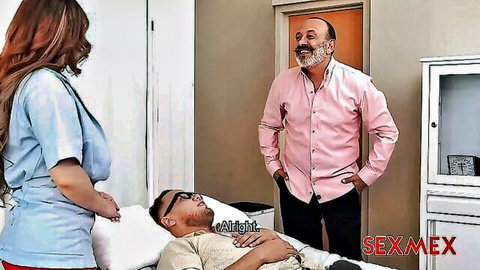 Busty nurse Michelle Aldrete in rehab therapy with two men