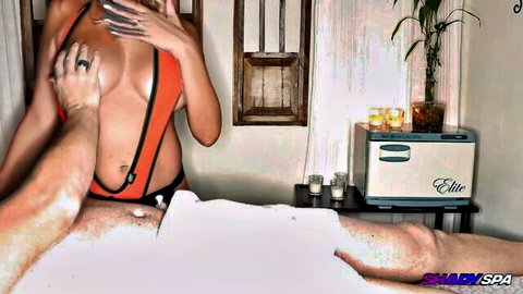 Ellie Tay in orange sling bikini performing blowjob and oral at Shady Spa