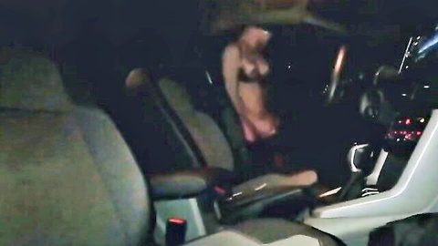 Blurry shemale in car bra exposing during street pickup sex