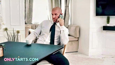 Bald stepdad in suit on phone, teasing Cute Jane's stepdad taboo encounter