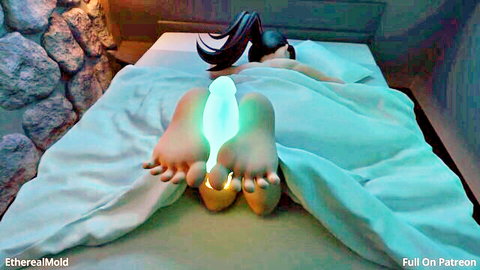 Ethereal Asian woman sleeping with glowing green feet exposed under sheets