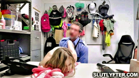 Coco Lovelock bent over desk, fucked by cop after stealing dildo