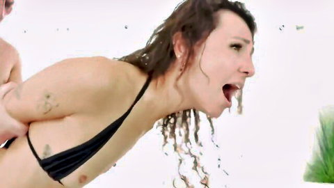 Curly Jordan in intense arched back oral scene, wet curly hair and black bikini