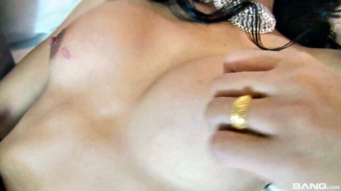 Asian shemale with long black hair topless, hand groping large breasts