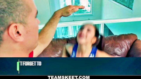 Petite brunette babe with tits out gets facefucked by stud on leather couch