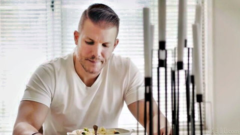 Codey Steele in white tee at candlelit dinner, teasing Dana Vespoli hookup