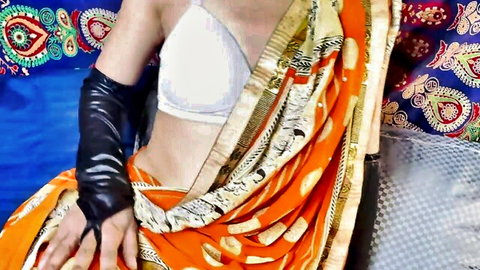 Indian beauty in orange saree and white bra, teasing cleavage before creampie sex