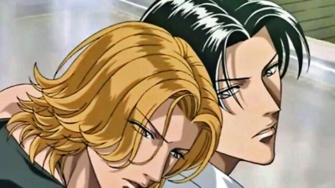 Intense anime yaoi embrace of blond and black-haired guys