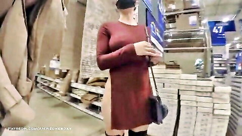 AmWednesday pantyless tease in red dress and stockings at store