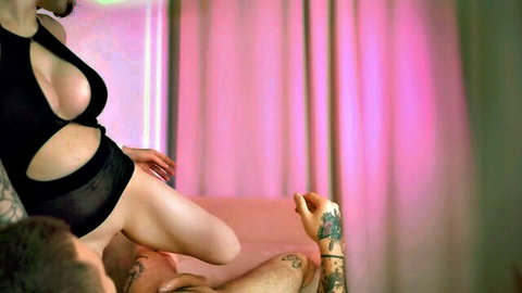 Stepsister in sheer black lingerie straddles tattooed man, craving deep penetration