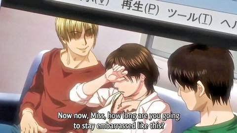 Anime scene of embarrassed guy with friends watching hentai video, softcore setup