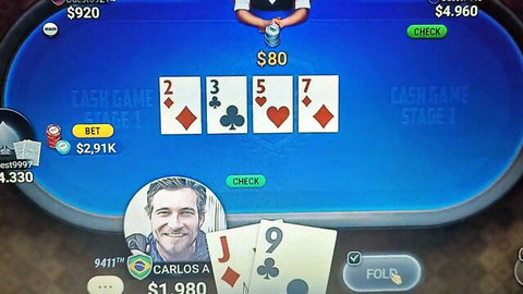 Poker player Carlos in championship game with cards and chips