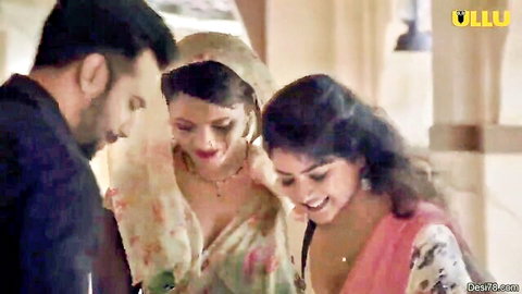 Indian women in sarees with man in family threesome tease