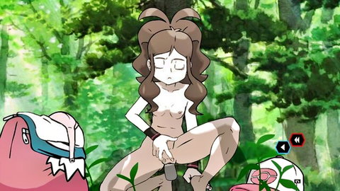 Nude Hilda masturbating in forest, Pokémon hentai solo
