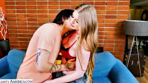 Busty blonde Ember Springs in red bra embraced by tattooed man