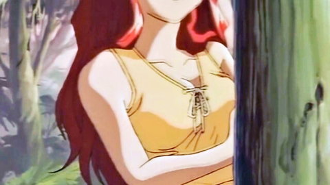 Anime redhead in laced yellow top showing cleavage in forest