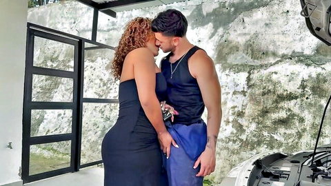 Curvy black MILF Carla Morelli in tight black dress hugs mechanic Zack Whiter