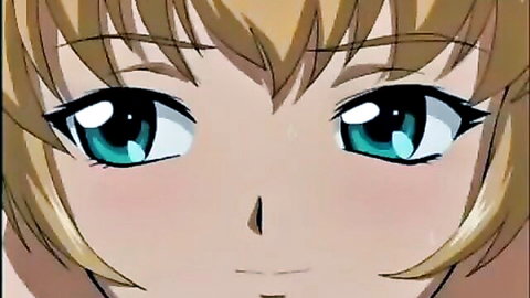 Blushing blonde anime girl with green eyes in aroused close-up