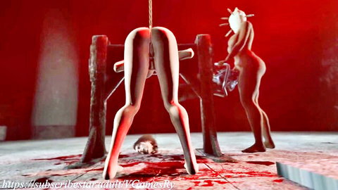 Hentai nude babe bound bent over wooden torture rack exposing shaved pussy and ass in bloody dungeon with skull