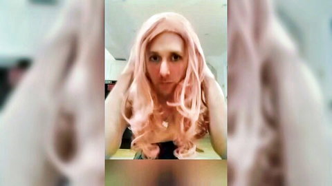 Sissy Alicia in pink wig close-up, amateur tease for inhale fetish video