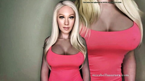 Bella Aurora blonde bombshell in tight pink top showing huge cleavage