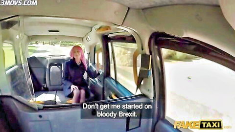 Pink-haired Roxy Lace in Fake Taxi cab, discussing Brexit