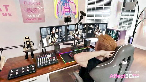Red-haired futanari gamer in 3D setup viewing superheroine hentai on triple monitors