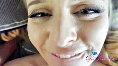 Hot blonde smiling in close-up POV for footjob and deepthroat blowjob