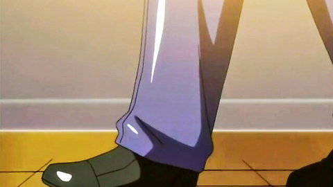 Anime student in shiny tight purple pants teasing legs in classroom