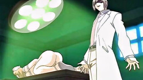 Hentai masked doctor stands over restrained nurse bent over operating table exposing bare ass and pussy