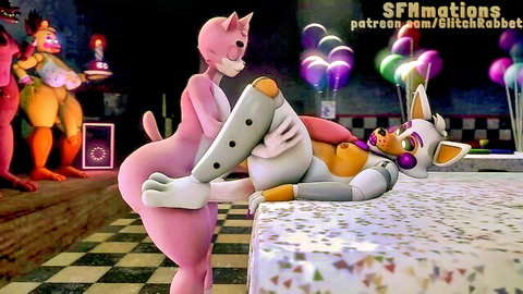3D pink cat furry grinds huge wet pussy on white fox animatronic cock in FNAF room