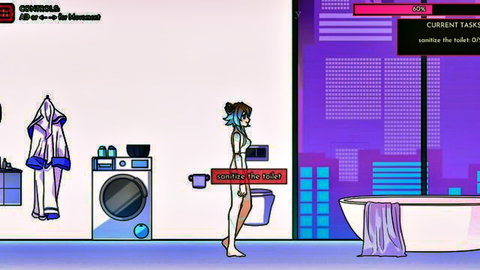Blue-haired anime girl stands bottomless with shaved pussy visible in neon bathroom ready to clean toilet