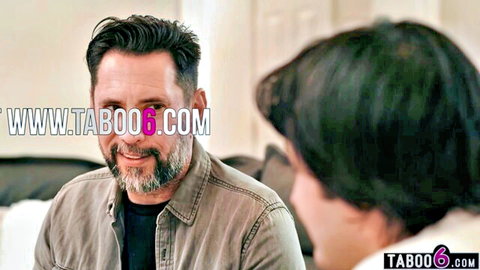 Bearded mature DILF smiling at long-haired brunette woman on couch in taboo chat