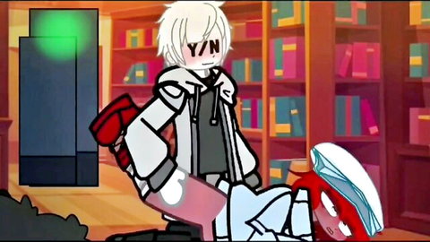 Gacha Roblox animated blowjob scene: white-haired guy with red-hatted girl kneeling