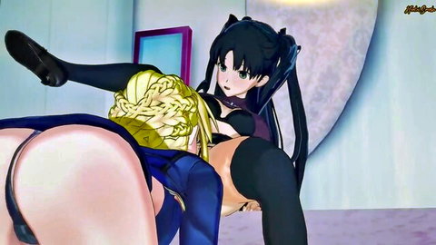 Blonde hentai girl scissoring shaved pussy against black-haired anime babe's wet cunt in lesbian tribbing.