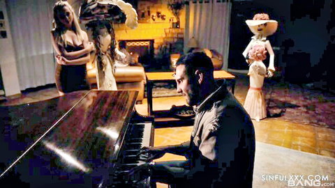 Blonde babe in black lingerie watches man play grand piano amid sexy mannequins