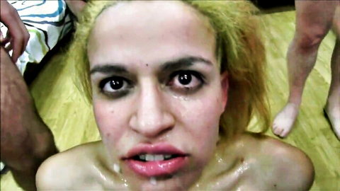 Blonde woman in intense bukkake cumshot compilation, face drenched