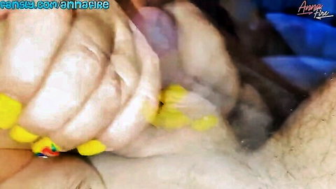 Amateur hand gripping cock, yellow nails close-up action
