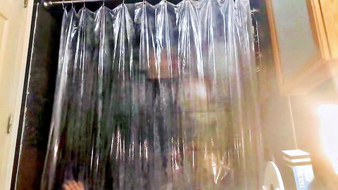 Blurry solo man in steamy shower after masturbation, amateur peek through curtain