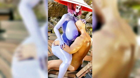 Blue-skinned T'au alien woman smothers muscular man in dominant erotic pose