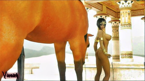 Nude thick Egyptian babe with huge tits and shaved pussy posing beside massive orange horse in ancient temple.