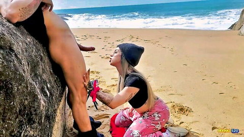 Amateur blonde giving wet blowjob on beach to stranger for payment