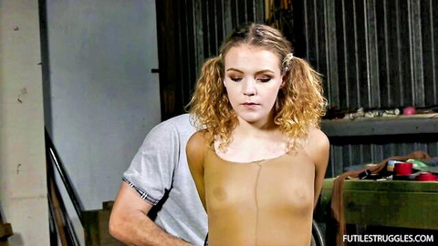 Diamondly in experimental tape bondage, see-through bodysuit exposing perky tits