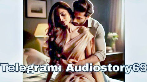 Desi Indian woman in saree embraced intimately by man from behind