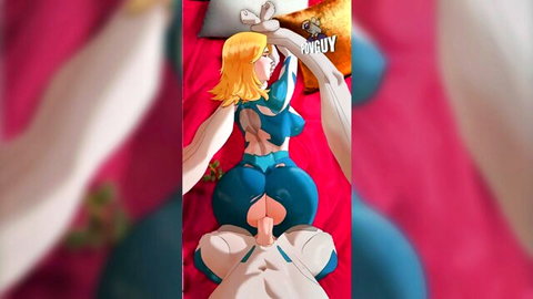 Blonde superheroine in blue suit fucked by Reed Richards, legs up penetration