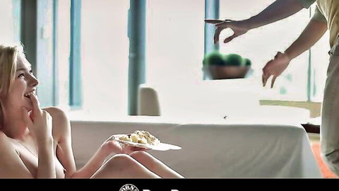 Blonde 18yo girlfriend nude on birthday, smiling with cake and fruits