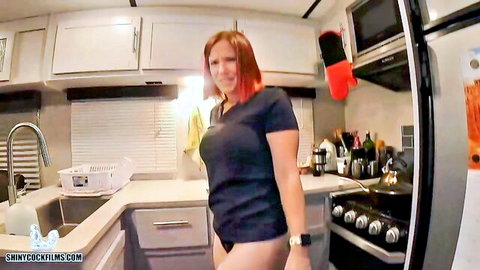 Jane Cane in tight black top and panties, curvy redhead posing seductively