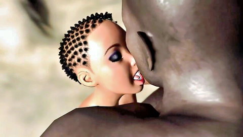 3D CGI ebony babe with cornrows passionately kissing muscular black stud intensely