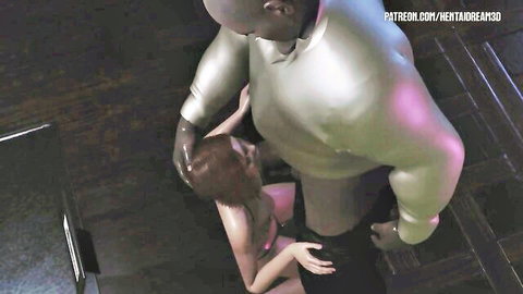 Muscular black man groping busty redhead woman from behind in 3D erotic scene
