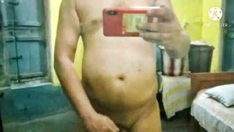 Chubby Indian man nude selfie, hand over genitals, amateur solo tease